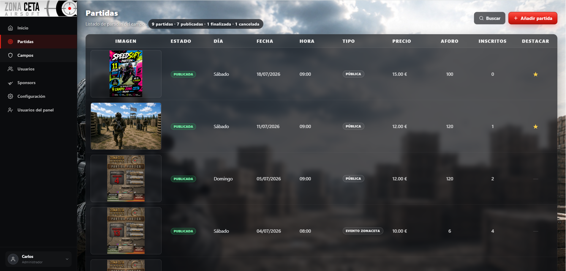 Listado de partidas en el panel de Airsoft Manager