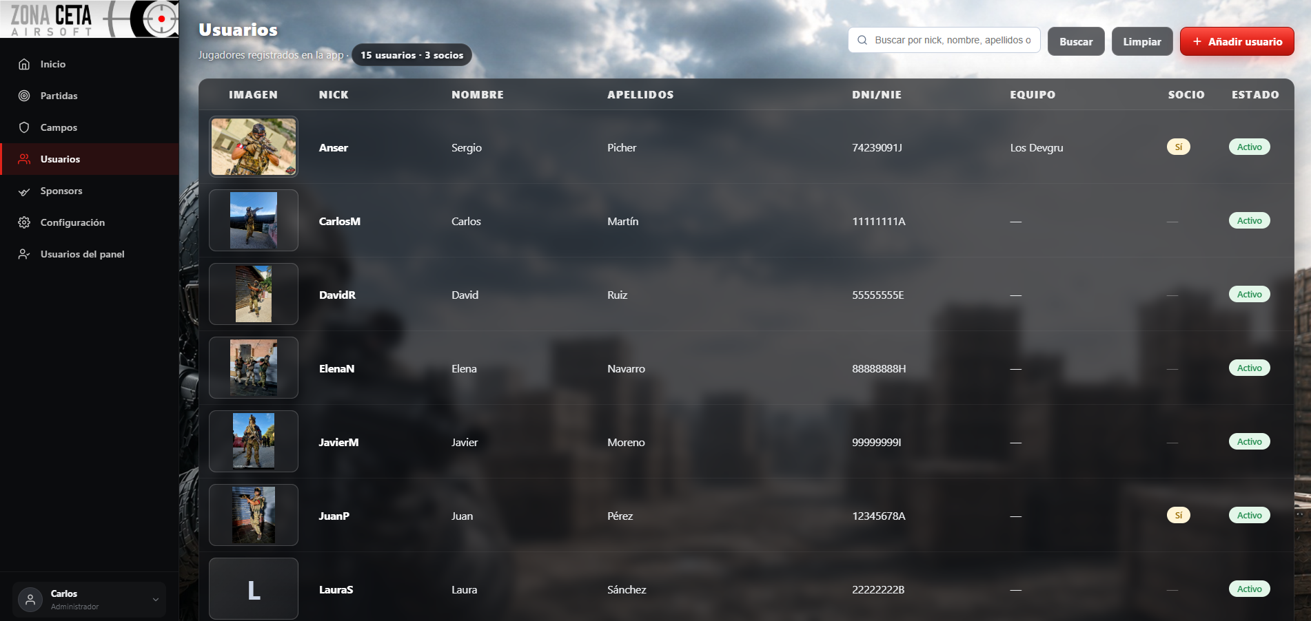 Listado de jugadores registrados en la web