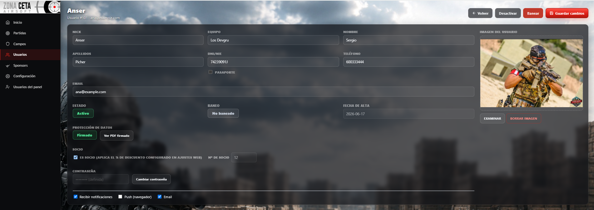 Ficha editable de usuario en Airsoft Manager