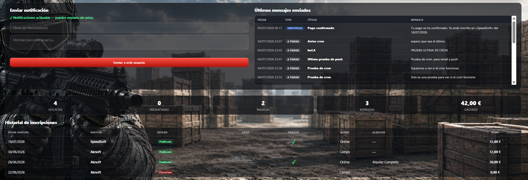 Notificaciones e historial de inscripciones del usuario