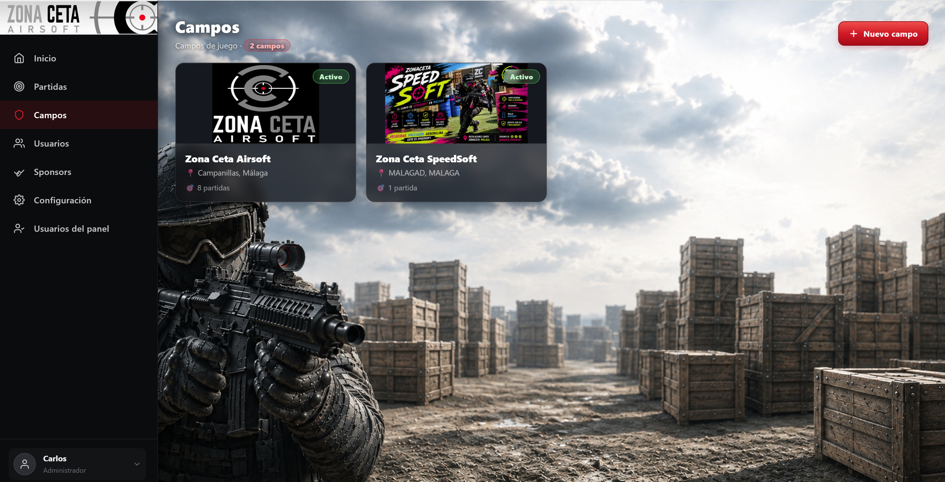 Listado de campos en el panel de Airsoft Manager